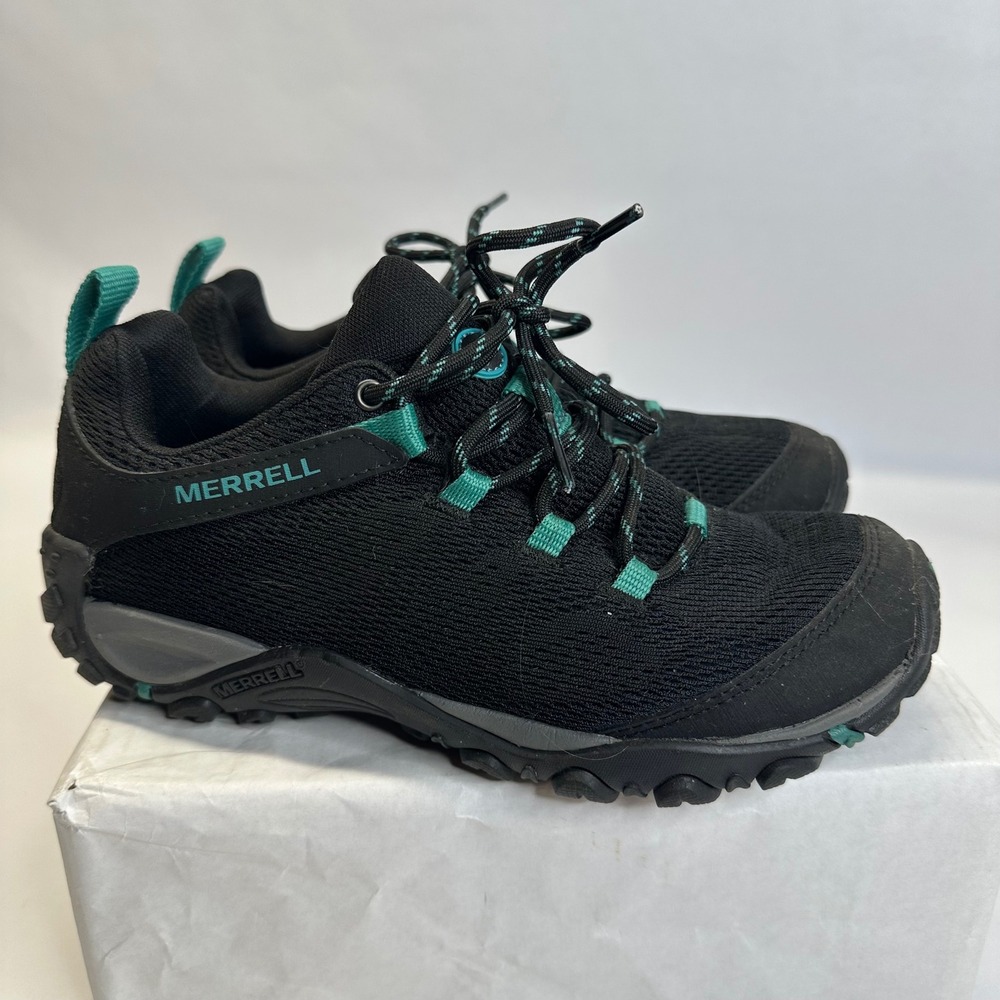 Merrell Mens Black Teal Mesh Low Top Hiking Trail Shoes Sneakers